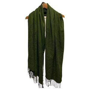 Olive Green & Black Print Scarf with Fringe